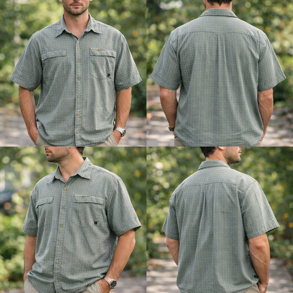 Columbia VTG Men's L Green Plaid Short Sleeve Button-Up‎ Shirt Casual